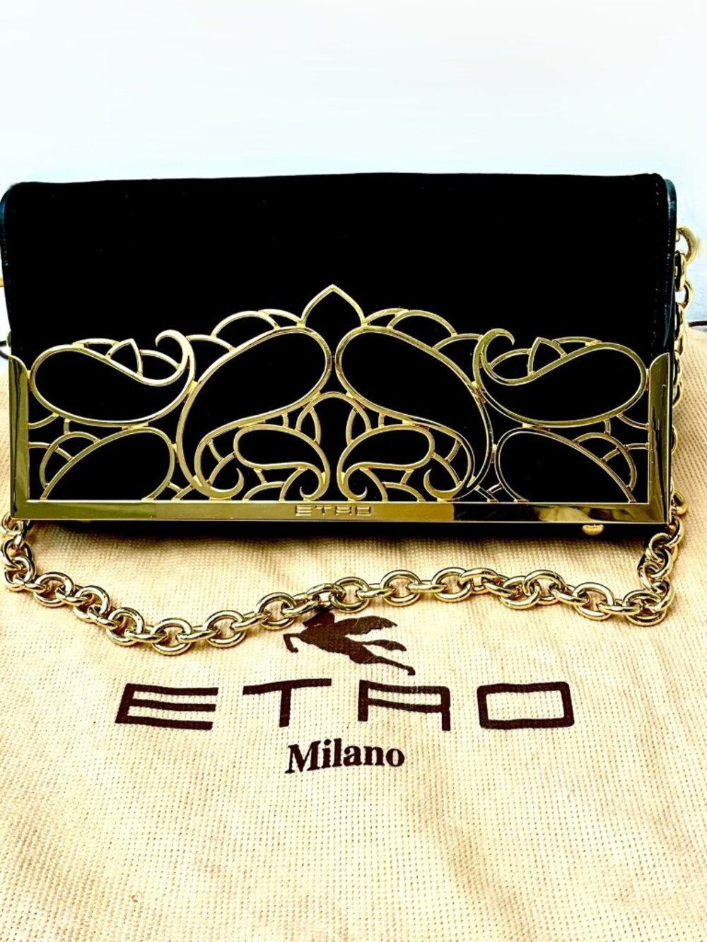 Vintage ETRO Milano Black Velvet & Leather Clutch Gold Filigree Chain Italy